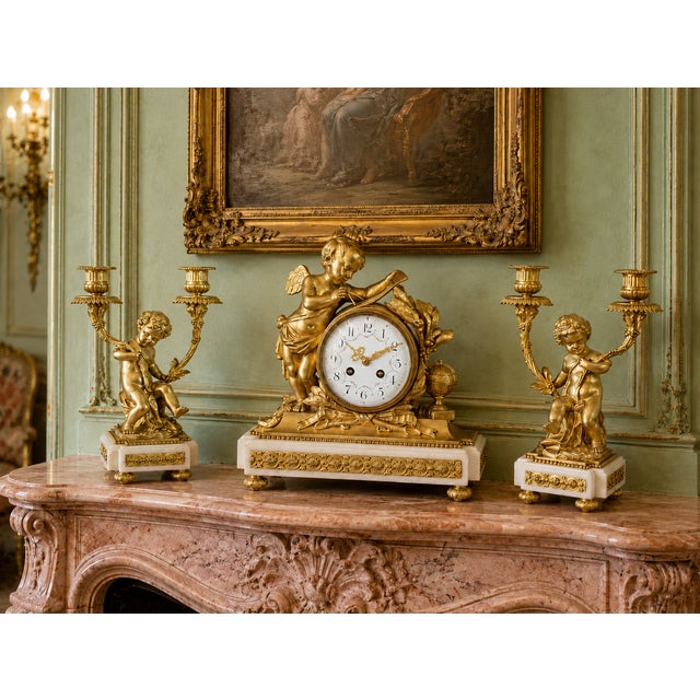 19thC French Louis XVI Gold Ormolu Clock Set - 3 Pc For Sale - Image 9 of 14