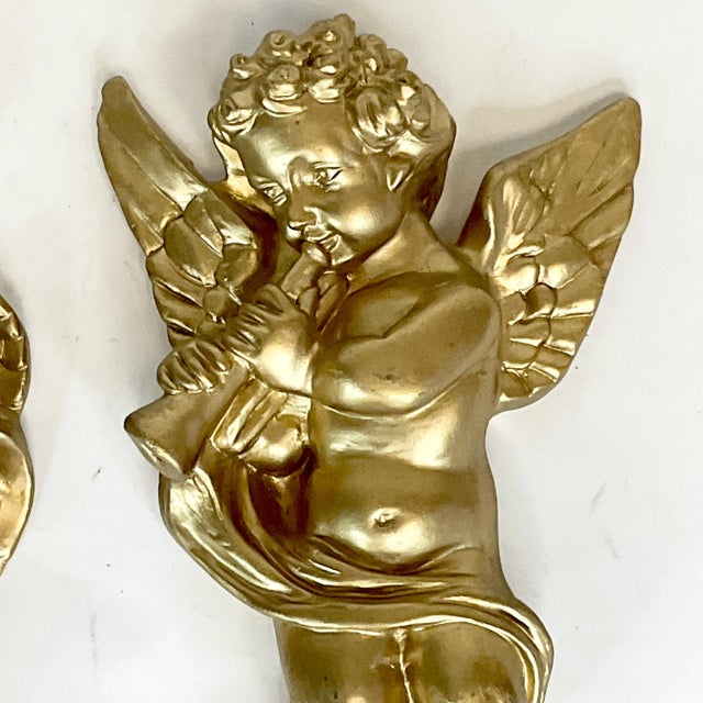 Hollywood Regency 1970s Vintage Boho Chic Hollywood Regency Italian Figural Wall Sculptural Cherubs - A Pair. For Sale - Image 3 of 10