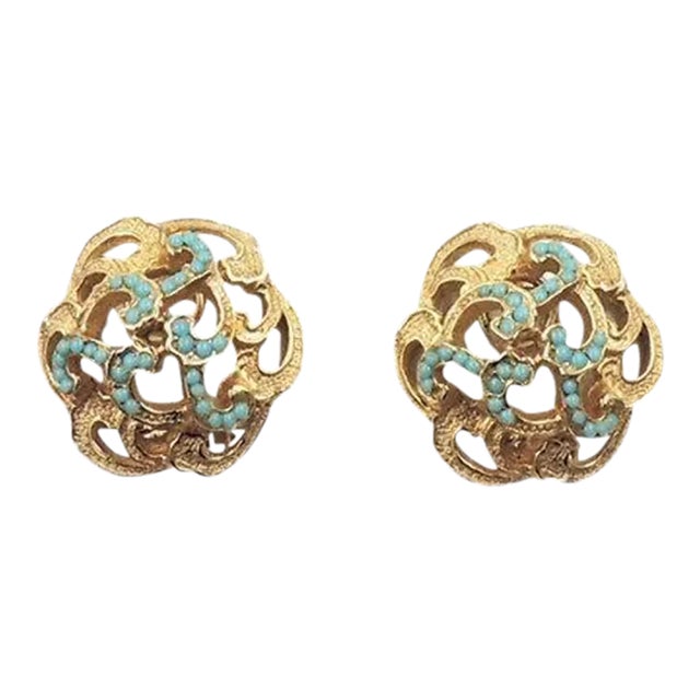 Vintage 1960s De Nicola Cabochon Faux-Turquoise Clip Earrings - 2 Pieces For Sale