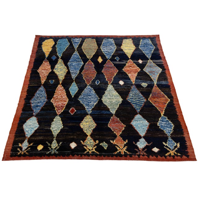 Saffron Modern Moroccan Style Hand-Knotted Wool Area Rug With Geometric Diamond Motif For Sale - Image 8 of 12