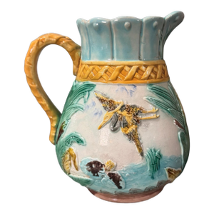 Antique Victorian Majolica 7.5" Pitcher With Heron Flying Over a Pond Setting