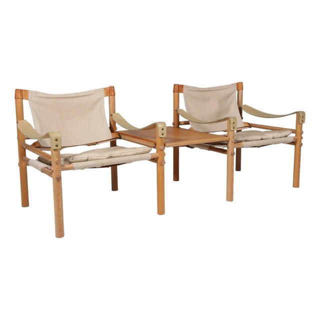 Scirocco Lounge Chairs with Table with Ash Frame and Leather Cushions from Arne Norell, 1970s, Set of 2 For Sale