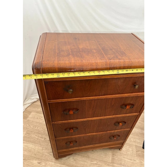 1930s Art Deco Dresser Chest Four Drawers Bakelite Brass Pulls Waterfall Top, Casters For Sale - Image 9 of 11
