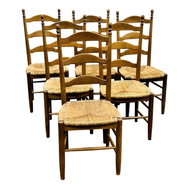 French Oak Farmhouse Country Dining Chairs Wit Rush Seating, Set of 6 For Sale