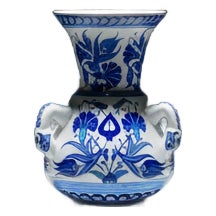 Handmade Ceramic Kandil Vase (20cm) Blue and White Floral Triple Handled Form For Sale