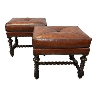 C Mariani Custom-Made Italian Style Turned Wood Leather Benches, a Pair For Sale