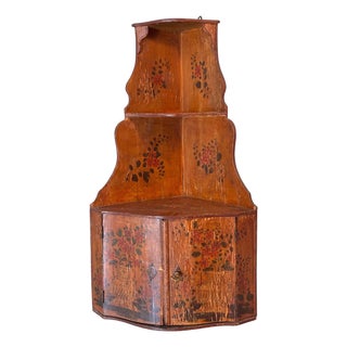 19th Century English Painted Hanging Corner Cupboard With Floral Decoration For Sale