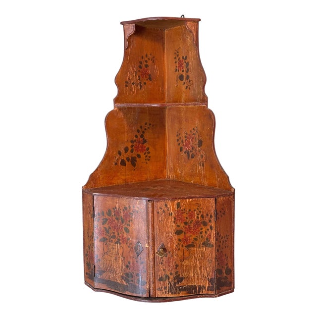 19th Century English Painted Hanging Corner Cupboard With Floral Decoration For Sale