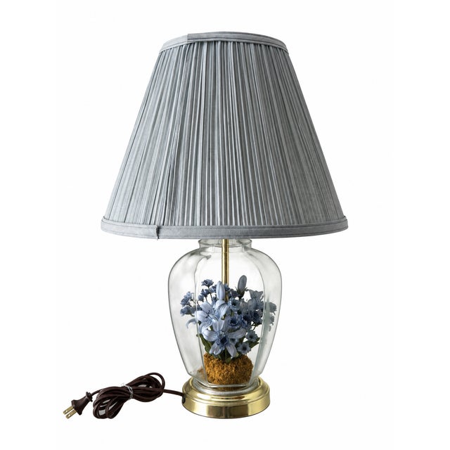 Shabby Chic Vintage Blue Floral Glass Terrarium Table Lamp With Pleated Blue Shade For Sale - Image 3 of 8