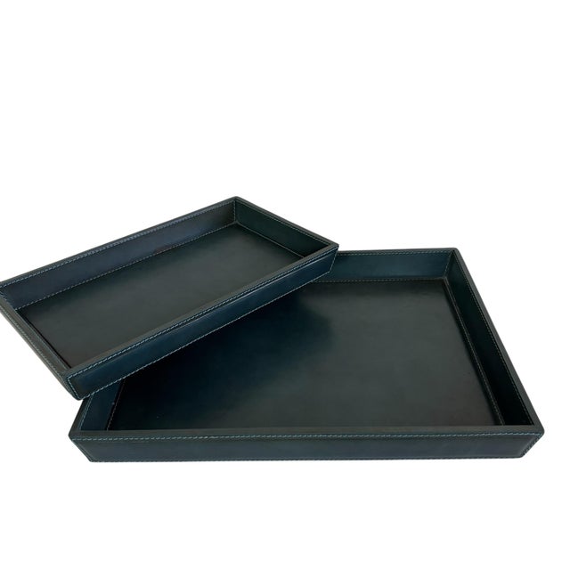 - Lovely pair of leather trays by Pigeon and Poodle. (Set of 2) - Hunter Green Leather with Detailed Stitching -...