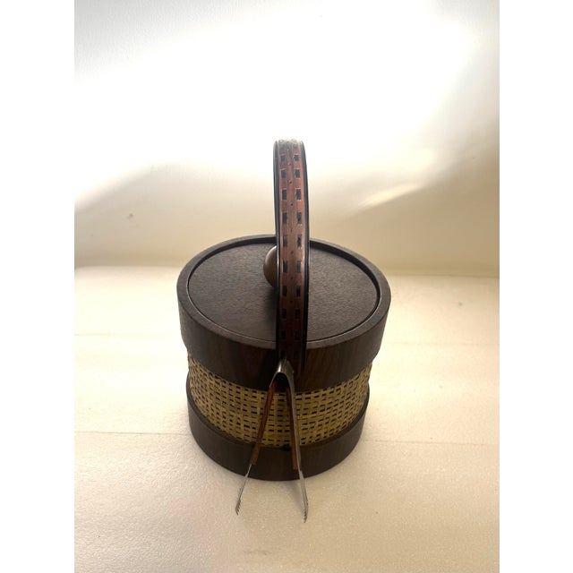 Mid-Century Modern Vintage Mid-Century Modern Ice Bucket Faux Wood Grain Finish With a Rattan or Wicker Overlay. Made in Usa. For Sale - Image 3 of 11