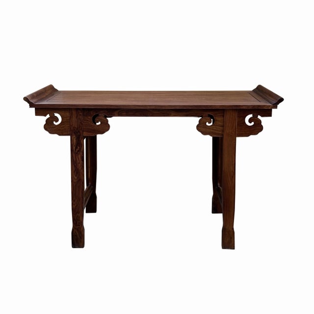 Chinese Brown Natural Wood Point Edge RuYi Apron Altar Console Table For Sale - Image 4 of 5