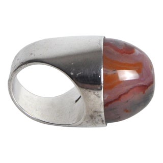 Vintage Silver and Moss Agate Statement Ring, 1960s For Sale