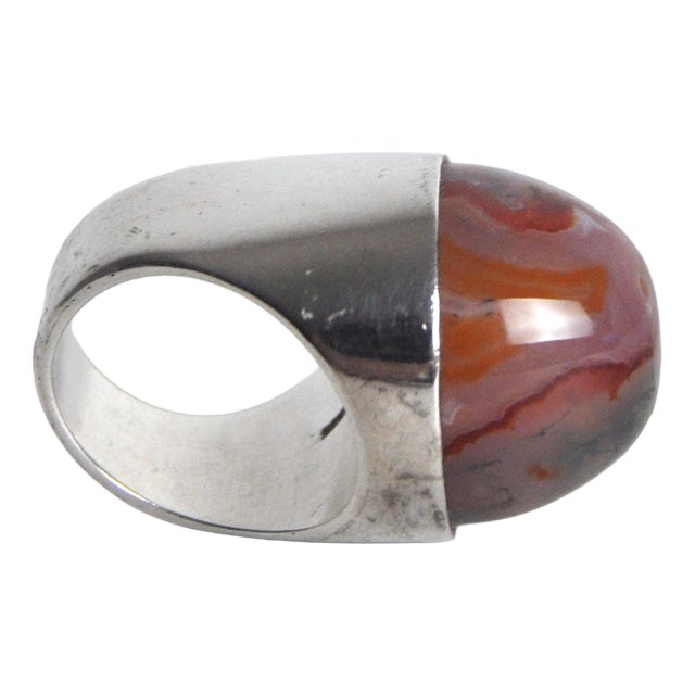 Vintage Silver and Moss Agate Statement Ring, 1960s For Sale