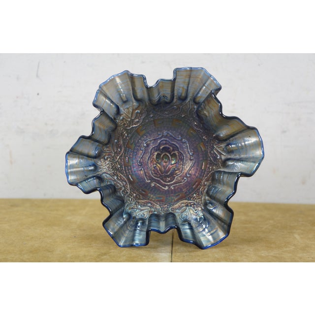 Early 20th Century Antique Fenton Cobalt Blue Iridescent Carnival Glass Persian Medallion Compote For Sale - Image 5 of 12