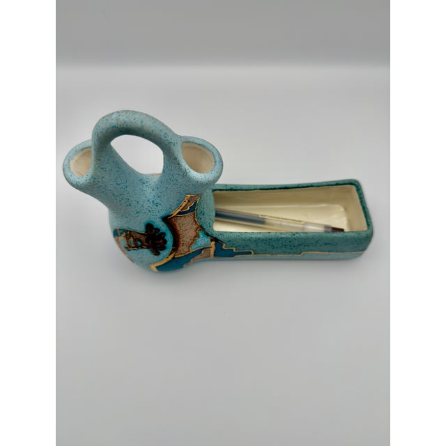 Mid 20th Century Vintage Southwestern Ceramic Desk Organizer – Turquoise Speckle Pottery Vase & Pen Holder With Gold Accents For Sale - Image 5 of 5