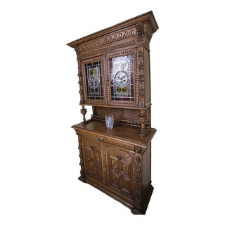 Neo-Renaissance Oak Cabinet with Stained Glass For Sale
