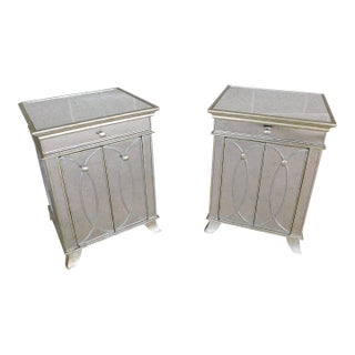 Hollywood Regency Silver With Mirrored Paneling Nightstands - A Pair For Sale