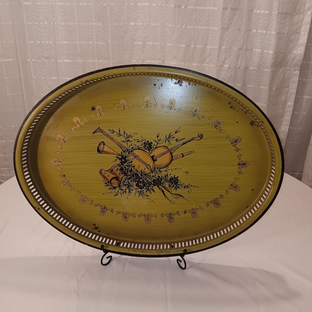Vintage rare hand painted large oval toleware by Nashco NY,. Signed (R.P.) This gorgeous serving tray with a musical...
