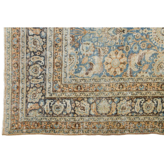 Textile Room Size Floral Antique Persian Tabriz Wool Rug in Blue For Sale - Image 7 of 10