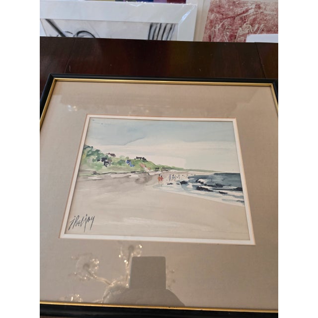 Paper 1940s Vintage Beach Painting Signed Impressionist Watercolor, Framed For Sale - Image 7 of 11