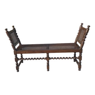 Vintage Hollywood Regency Cane and Oak Twisted Barley Bench For Sale