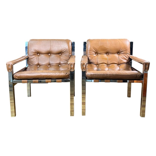 Mid-Century Modern Chrome and Leather Safari Lounge Chairs - A Pair For Sale - Image 4 of 12
