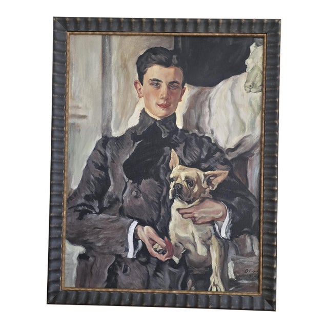 Mid 20th Century Grand Tour Era Portrait: Prince Felix Yusupov & His Frenchie "Gugusse" (After Serov) For Sale