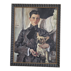 Mid 20th Century Grand Tour Era Portrait: Prince Felix Yusupov & His Frenchie "Gugusse" (After Serov)