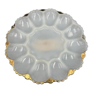 Vintage Pressed Glass Deviled Egg Plate | Scalloped Crystal Serving Dish For Sale
