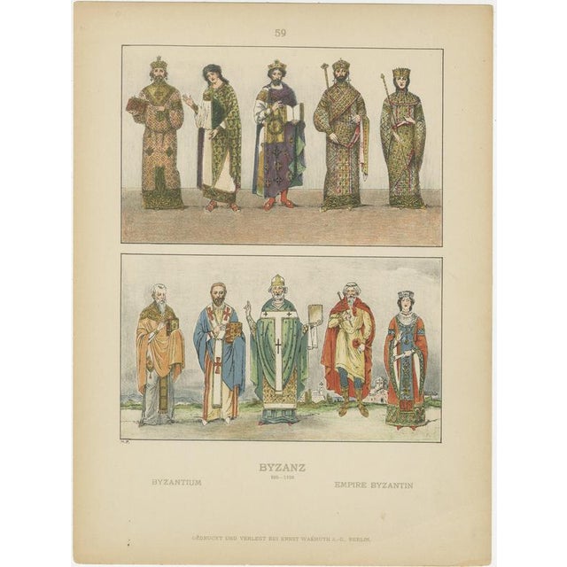 Byzantine costume plate 800–1100, antique hand-colored print c.1880 this beautifully rendered antique costume plate...