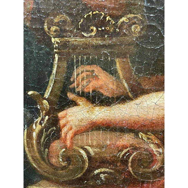 Wood 18th Century Italian Baroque Mythological Oil Painting in Carved Giltwood Frame Apollo and Marsyas After Filippo Lauri For Sale - Image 7 of 11