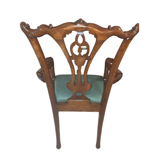 Green Pair of Vintage Chippendale-Style Carved Mahogany Armchairs With Green Upholstery For Sale - Image 8 of 12
