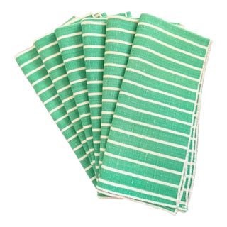 Vintage Striped Linen Cotton Blend Cloth Napkins, Set of 6, Emerald Green and White For Sale