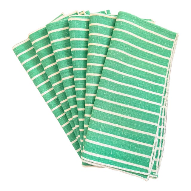 Vintage Striped Linen Cotton Blend Cloth Napkins, Set of 6, Emerald Green and White For Sale