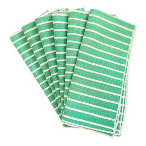 Vintage Striped Linen Cotton Blend Cloth Napkins, Set of 6, Emerald Green and White