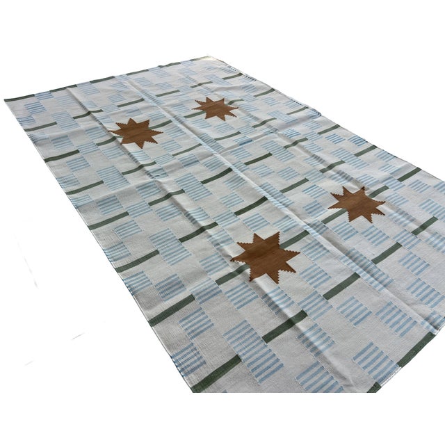 Handmade Cotton Vegetable Dyed Area Rug, White, Sky Blue, Sage Green Star Dash Striped Dhurrie-5'x8' For Sale - Image 6 of 13