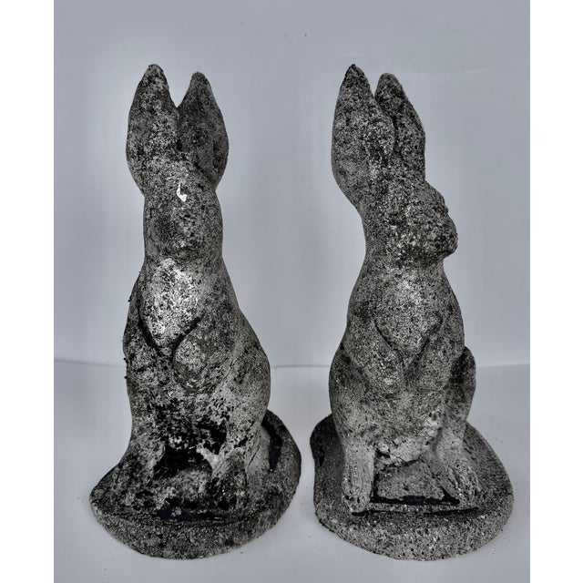 Gray Composition Stone Garden Rabbit Sculptures With Weathered Patina, Pair For Sale - Image 8 of 14