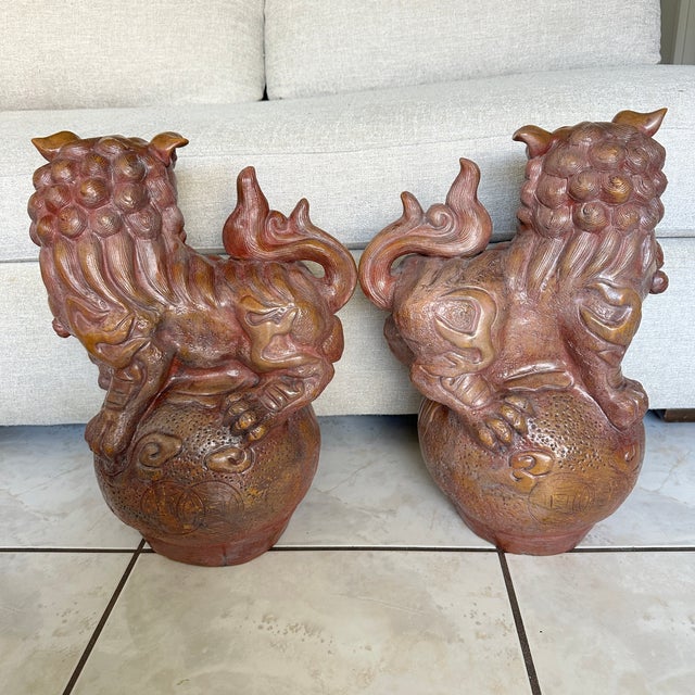 Pair Large 19" Terracotta Foo Dogs Chinese Guardian Lions Vintage Heavy For Sale - Image 11 of 17