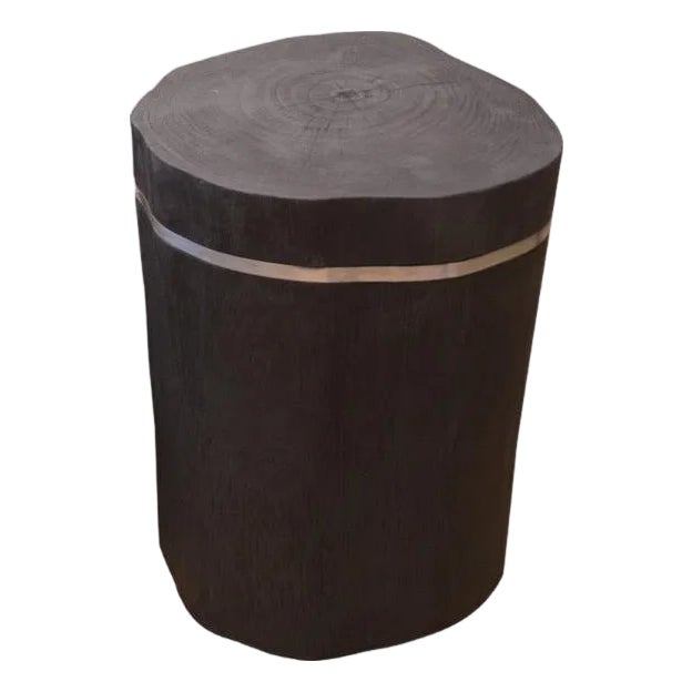 Andrianna Shamaris Triple Burnt Teak Wood Silver Side Table For Sale