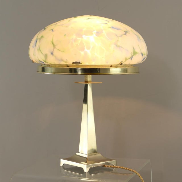 Art Deco Brass Table Lamp with Mottled Glass Shade by Geb Kunstglas, Berlin, 1925 For Sale - Image 11 of 15