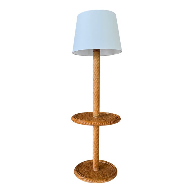 Mid-20th Century Coastal Twist Rattan Floor Lamp With Two-Tier Table and New Shade For Sale