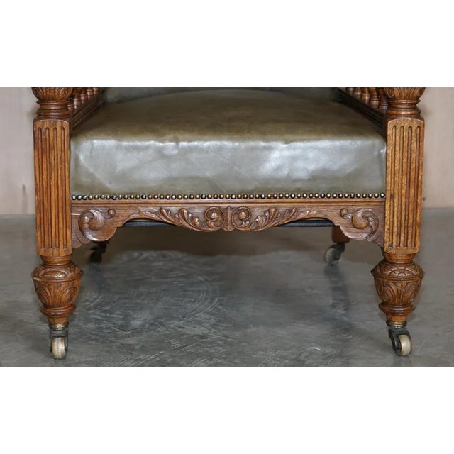 Set of Victorian Carved Oak & Leather Throne Armchairs For Sale - Image 13 of 18