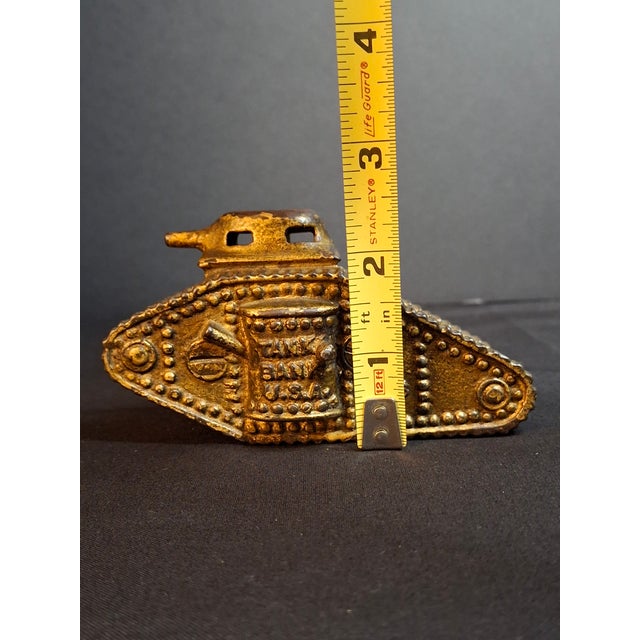 Antique Ac Williams Cast Iron Tank Bank Usa 1918 Wwi Still Penny Bank Gold Paint For Sale - Image 15 of 17