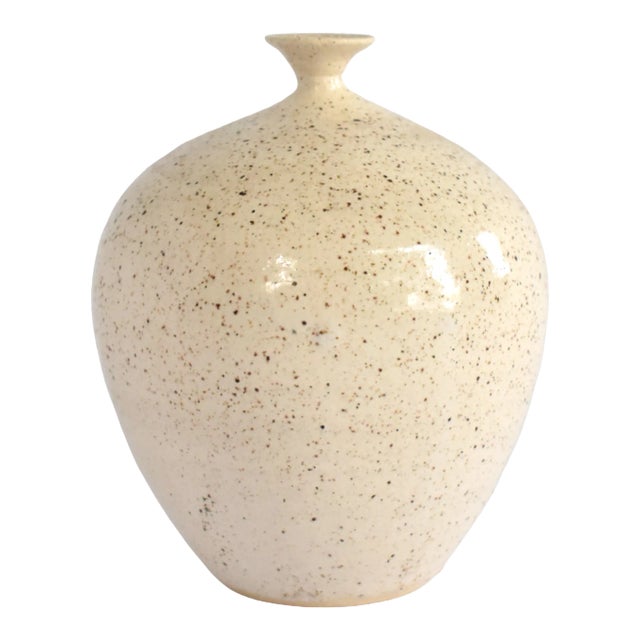 Speckled Narrow Neck Stoneware Pottery Vase For Sale