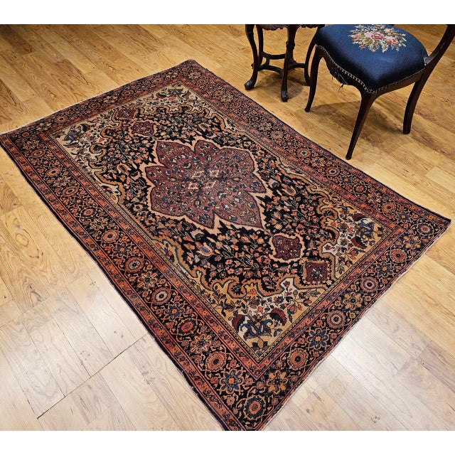 Persian 19th Century Persian Farahan Sarouk Rug, Hand-Knotted Wool, Floral Pattern, Navy & Plum Red, 4x6 For Sale - Image 3 of 18