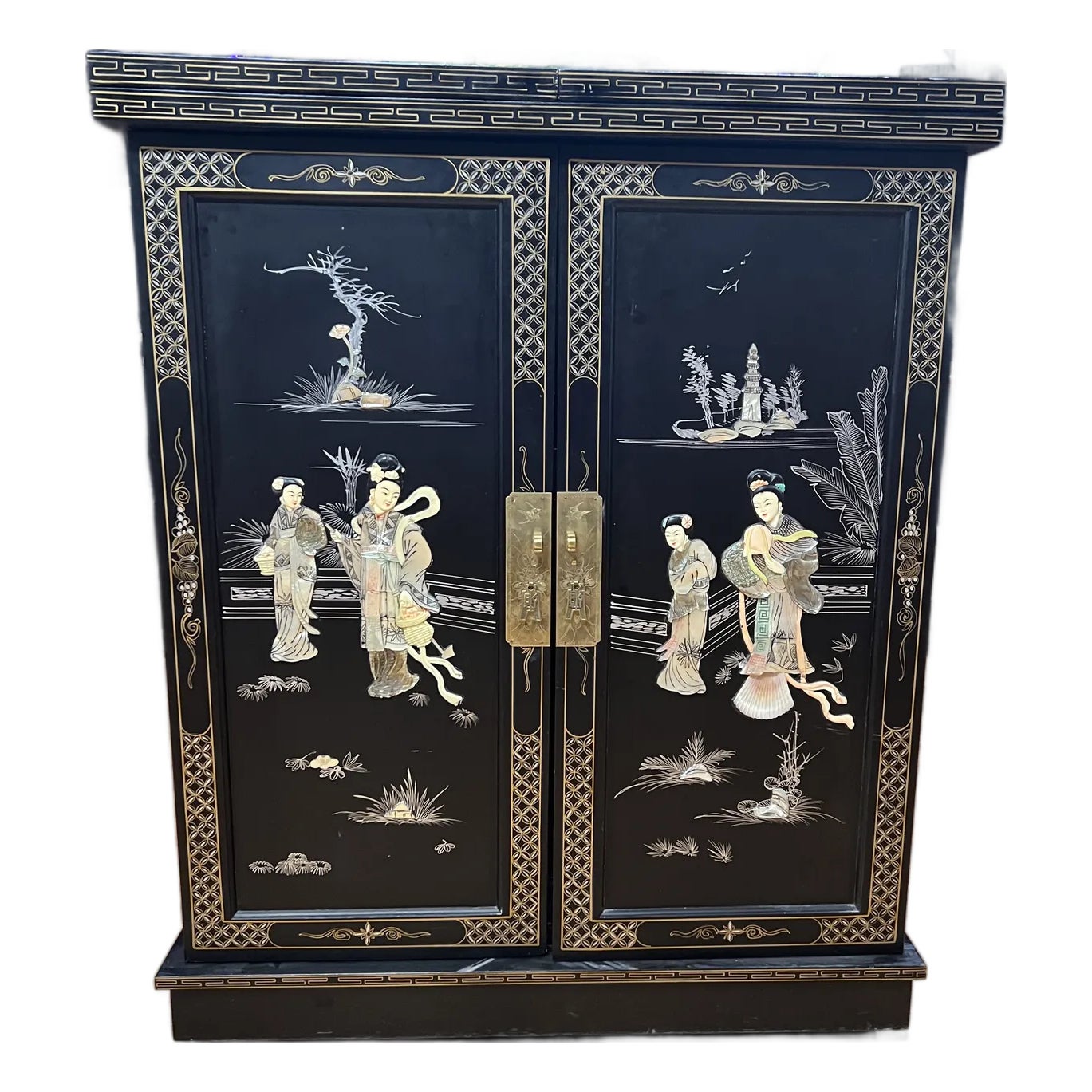 Vintage Chinese Export Black Lacquer Mother-of-Pearl Folding Bar