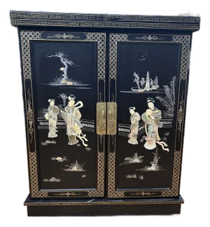 Vintage Chinese Export Black Lacquer Mother-of-Pearl Folding Bar Cabinet, C. 1950s