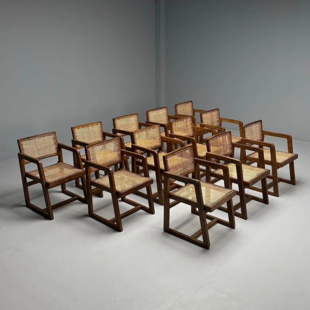 Pierre Jeanneret, French Mid-Century Modern, 12 Box Dining Chairs, Teak, Cane For Sale - Image 4 of 12
