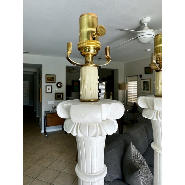 1960s Tall Italian Column Neoclassic Alabaster Table Lamps - a Pair For Sale - Image 15 of 18